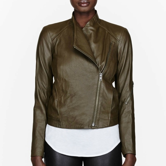 HELMUT LANG Leather Moto Biker Jacket Olive Green